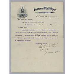 Letter from Governor Fitzhugh Lee (VA) to Morrison Foster