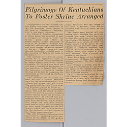 Article: "Pilgrimage of Kentuckians to Foster Shrine Arrange"