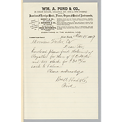 Cover letter for January 1889 royalty statement from William A. Pond & Co.
