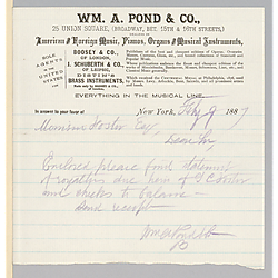 Cover letter for January 1887 royalties from William A. Pond & Co.