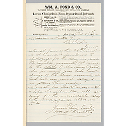 Cover letter for July 1892 royalty statement from William A. Pond & Co.