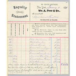 January 1891 royalty statement from William A. Pond & Co.