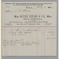 July 1882 royalty statement from Oliver Ditson & Co.