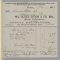 July 1883 royalty statement from Oliver Ditson & Co.