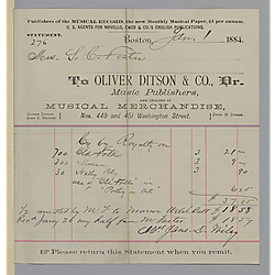 January 1884 royalty statement from Oliver Ditson & Co.