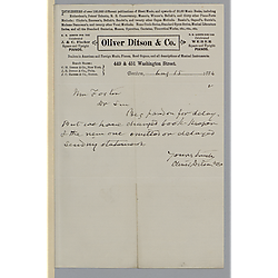 Cover letter for July 1884 royalty statement from Oliver Ditson & Co.