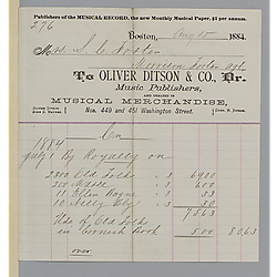 July 1884 royalty statement from Oliver Ditson & Co.