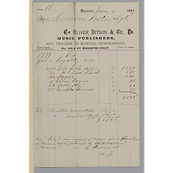January 1889 royalty statement from Oliver Ditson & Co.