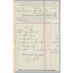 July 1894 royalty statement from Oliver Ditson & Co.