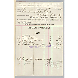 January 1895 royalty statement from Oliver Ditson Company