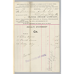 July 1895 royalty statement from Oliver Ditson Company