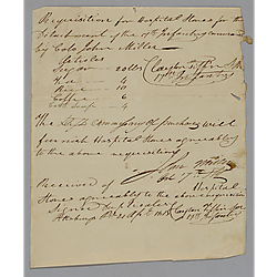 Requisition for hospital stores; Col. John Miller to William Foster