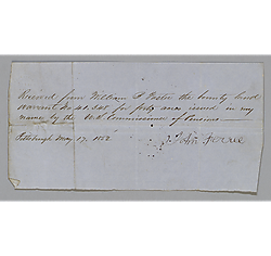 Land Warrant receipt 41.348 signed by John Ferrel