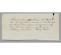 Land warrant receipt 44.616 signed by Harry Quest