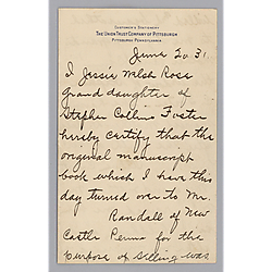 From Jessie Rose Welch certifying authenticity of Stephen Foster manuscript book