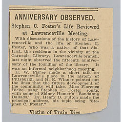 "Anniversary Observed: Stephen C. Foster's Life Reviewed at Lawrenceville Meeting"