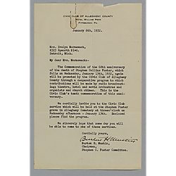 Invitation from the Civil Club of Allegheny county to Evelyn Morneweck for the 68th anniversary commemoration events for the death of Stephen Foster